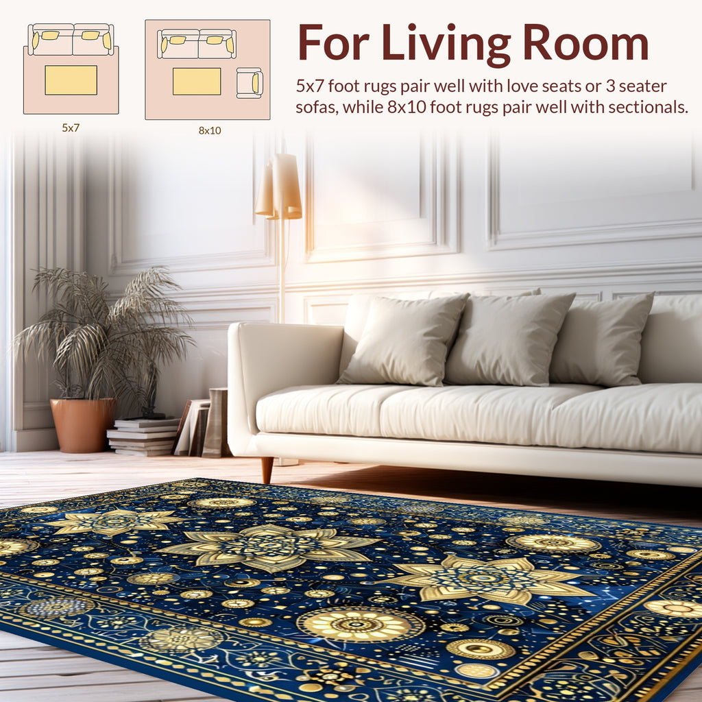 Intricate Floral Geometric Blue Gold Rug