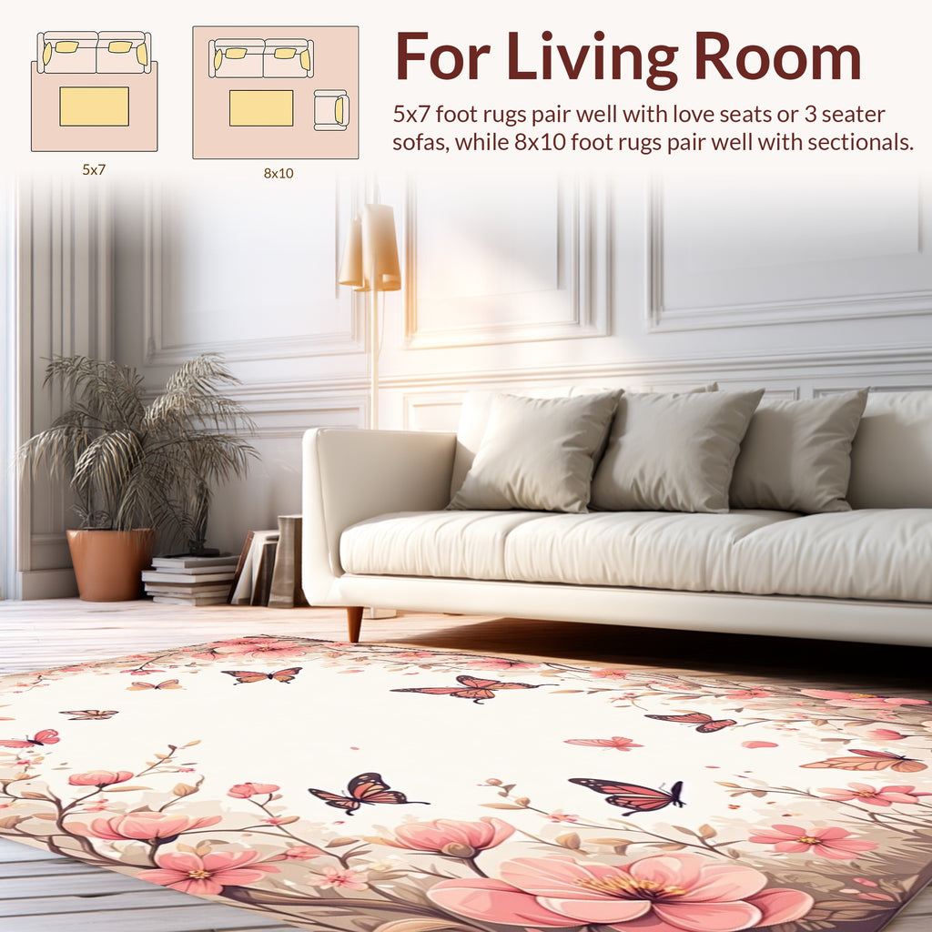 Whimsical Pink Floral Butterfly Scene Rug