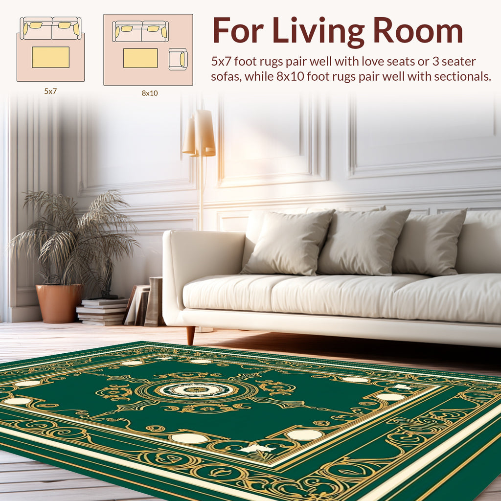 Green Gold Ornate Medallion Pattern Rug