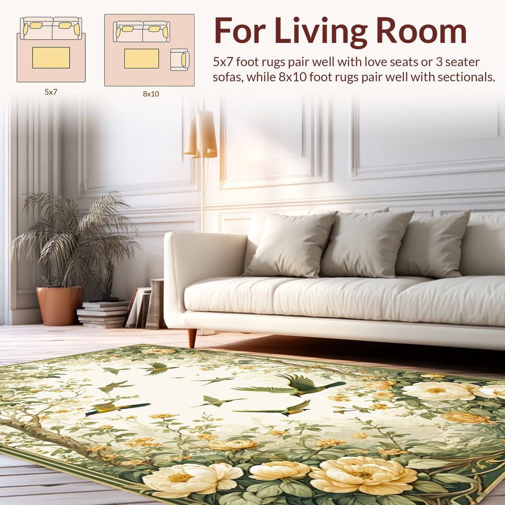 Floral Birds Framed Garden Design Rug