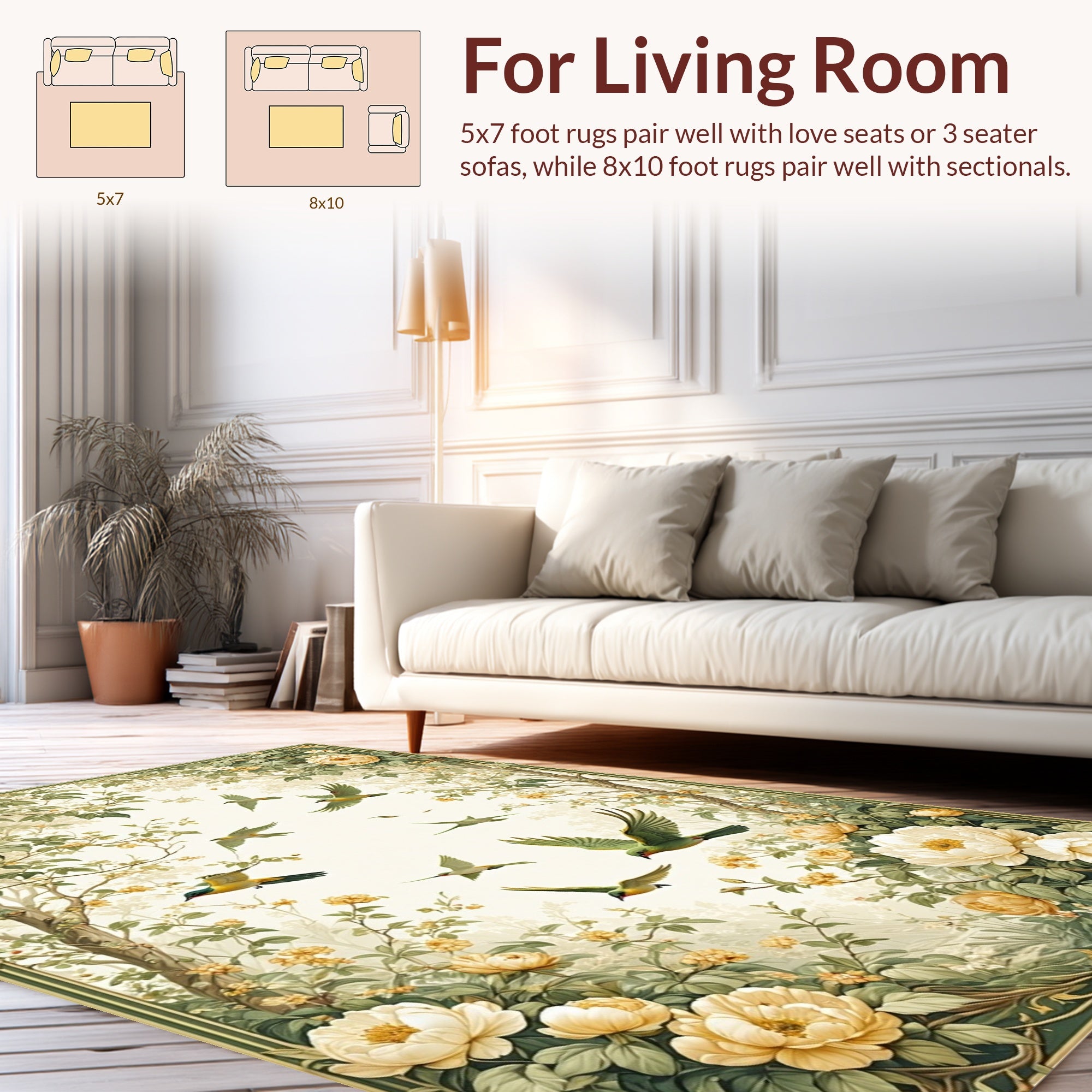 Floral Birds Framed Garden Design Rug