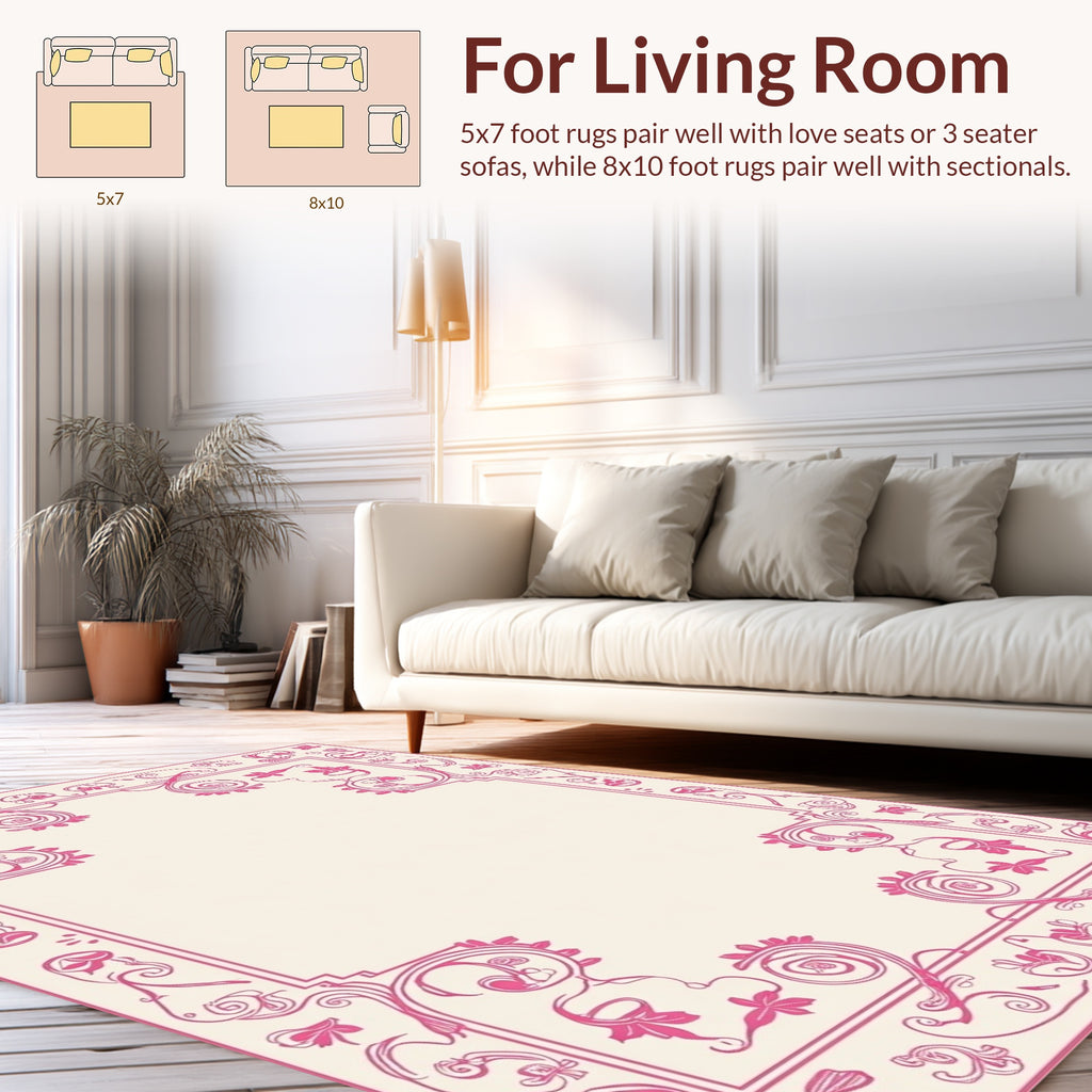 Ornate Pink Floral Scroll Border Rug