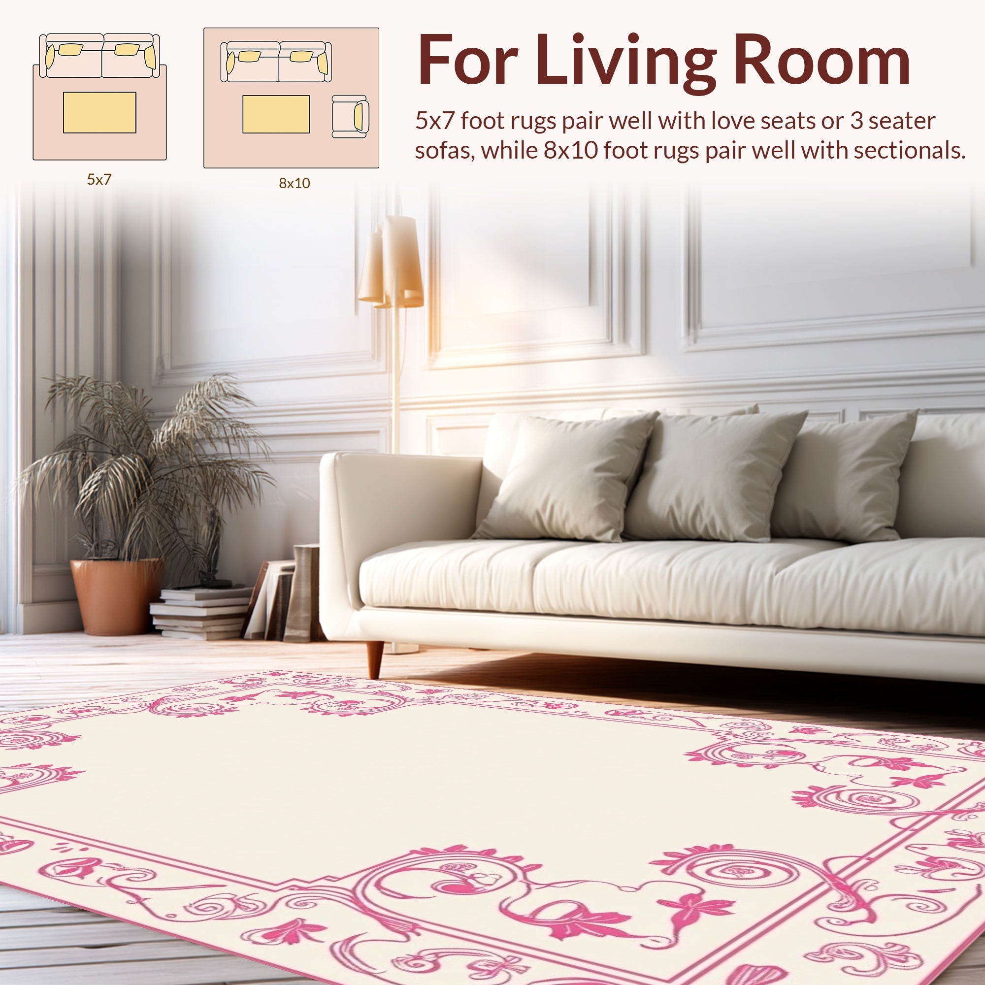 Ornate Pink Floral Scroll Border Rug