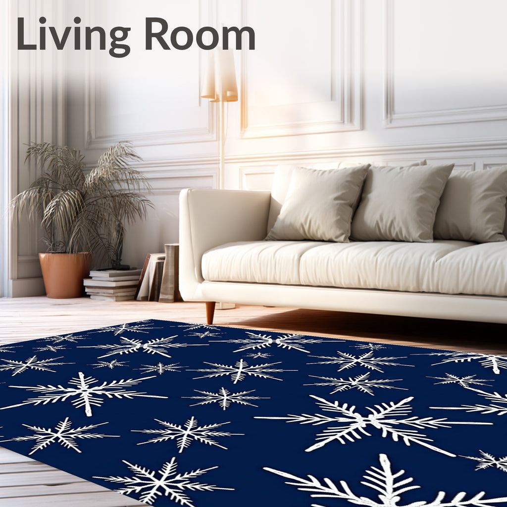 White Snowflakes On Deep Blue Rug