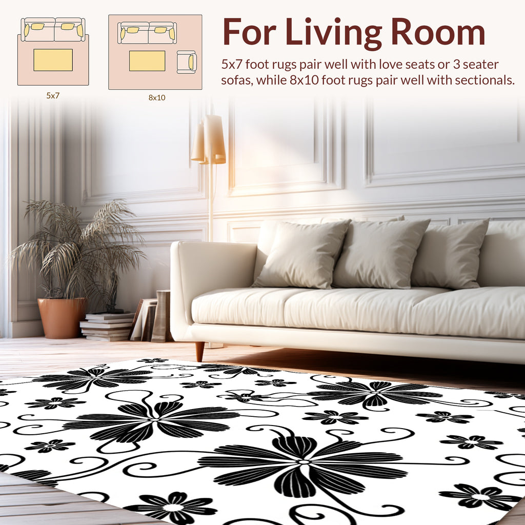 Black Floral Swirl Pattern Rug