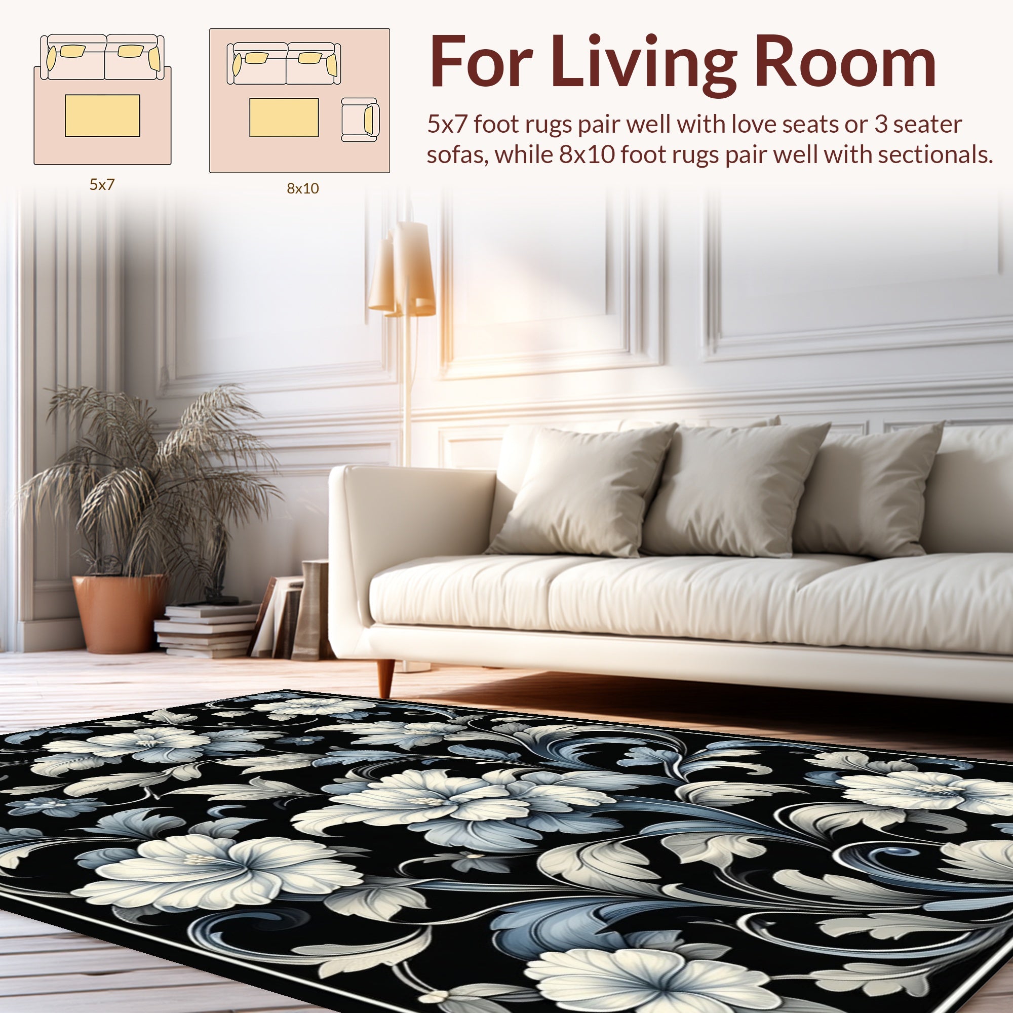 Black White Floral Art Nouveau Rug