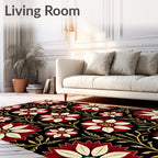 Crimson Cream Floral Vine Black Ground Rug