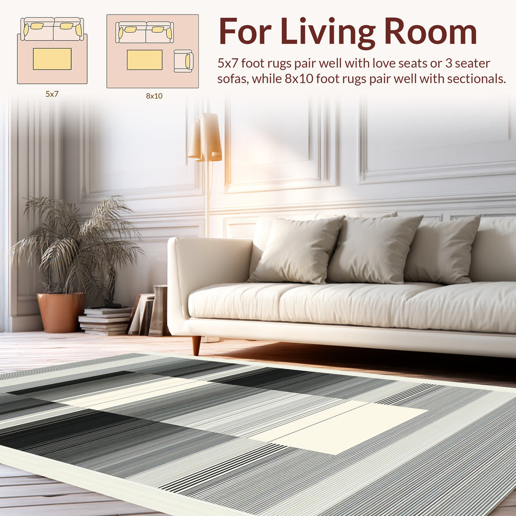 Modern Black White Striped Geometric Rug