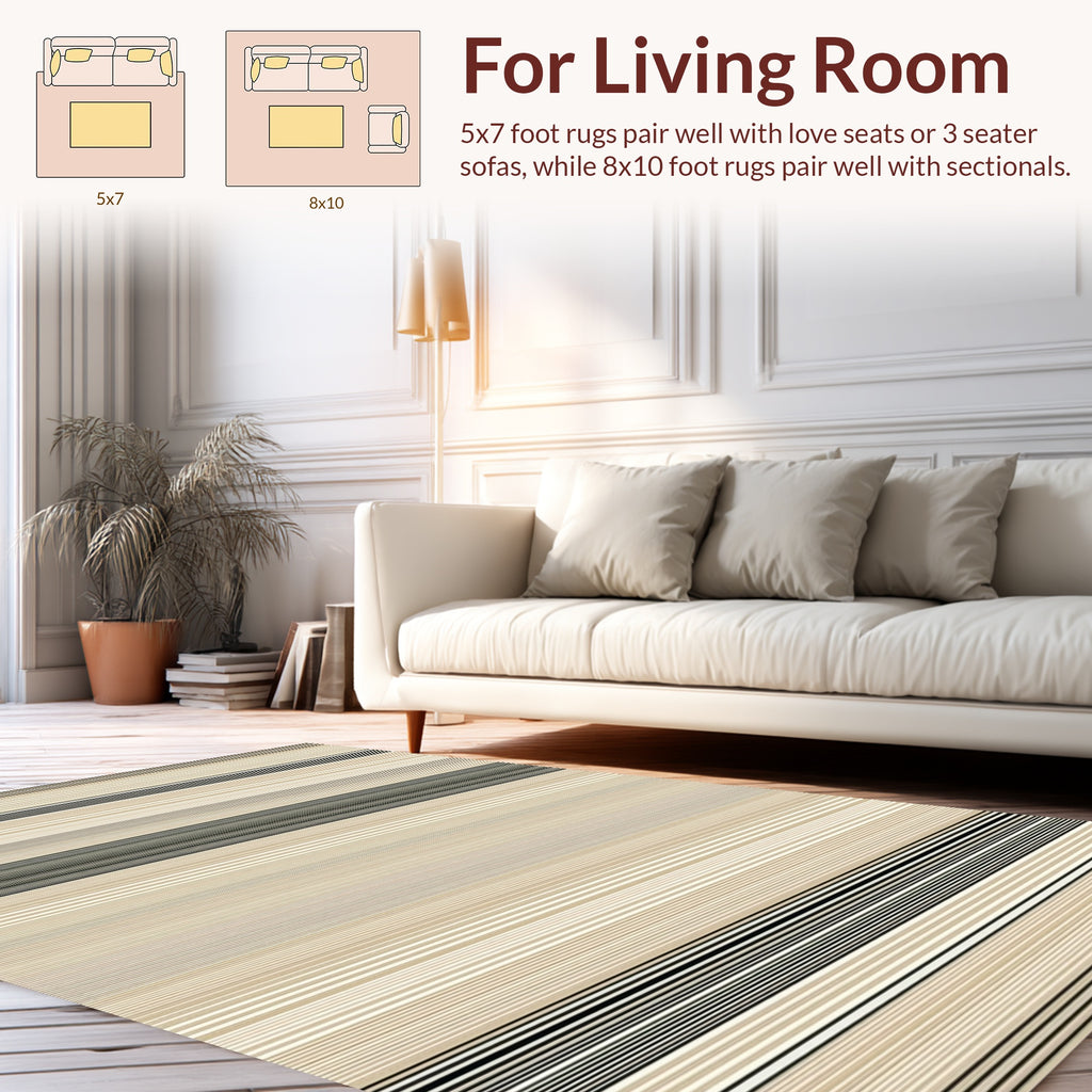 Thin Lined Beige and Black Stripe Pattern Rug