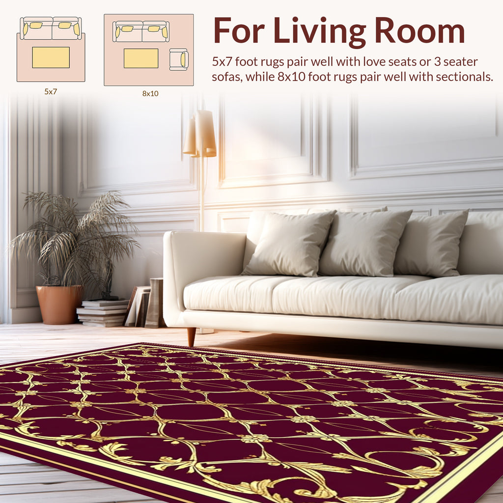 Rich Burgundy Gold Scrollwork Pattern Rug