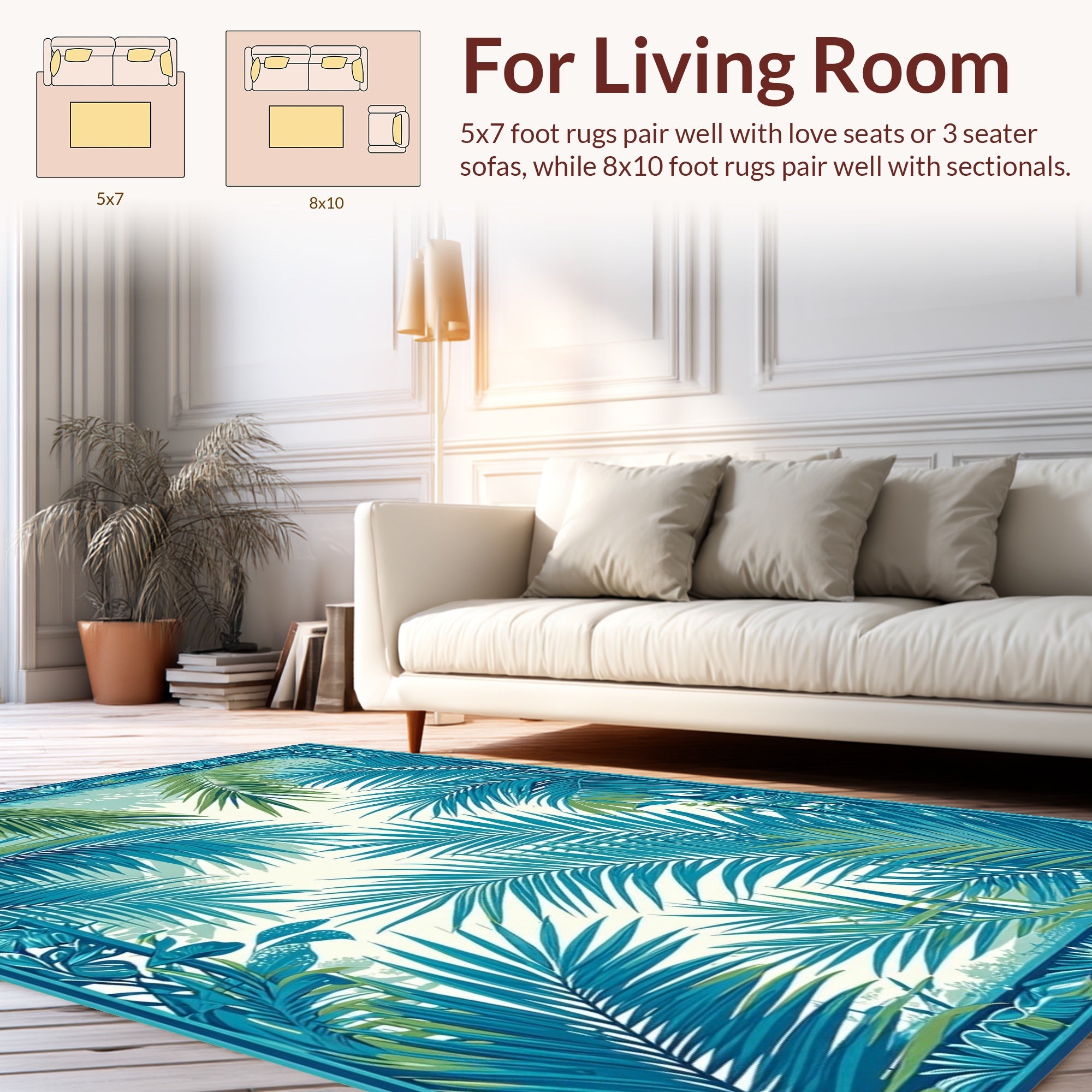 Tropical Palm Leaf Blue Green Design Rug