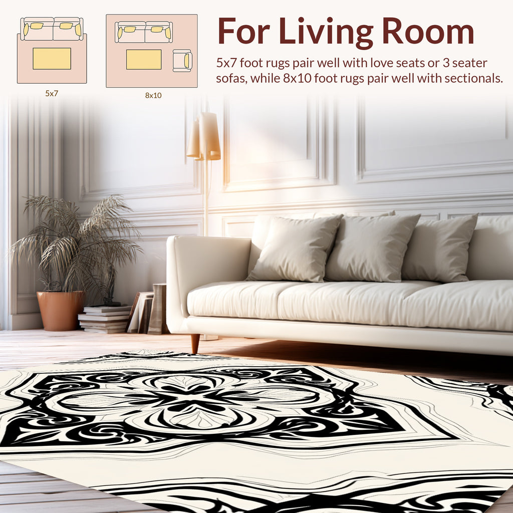 Ornate Black and White Floral Pattern Rug