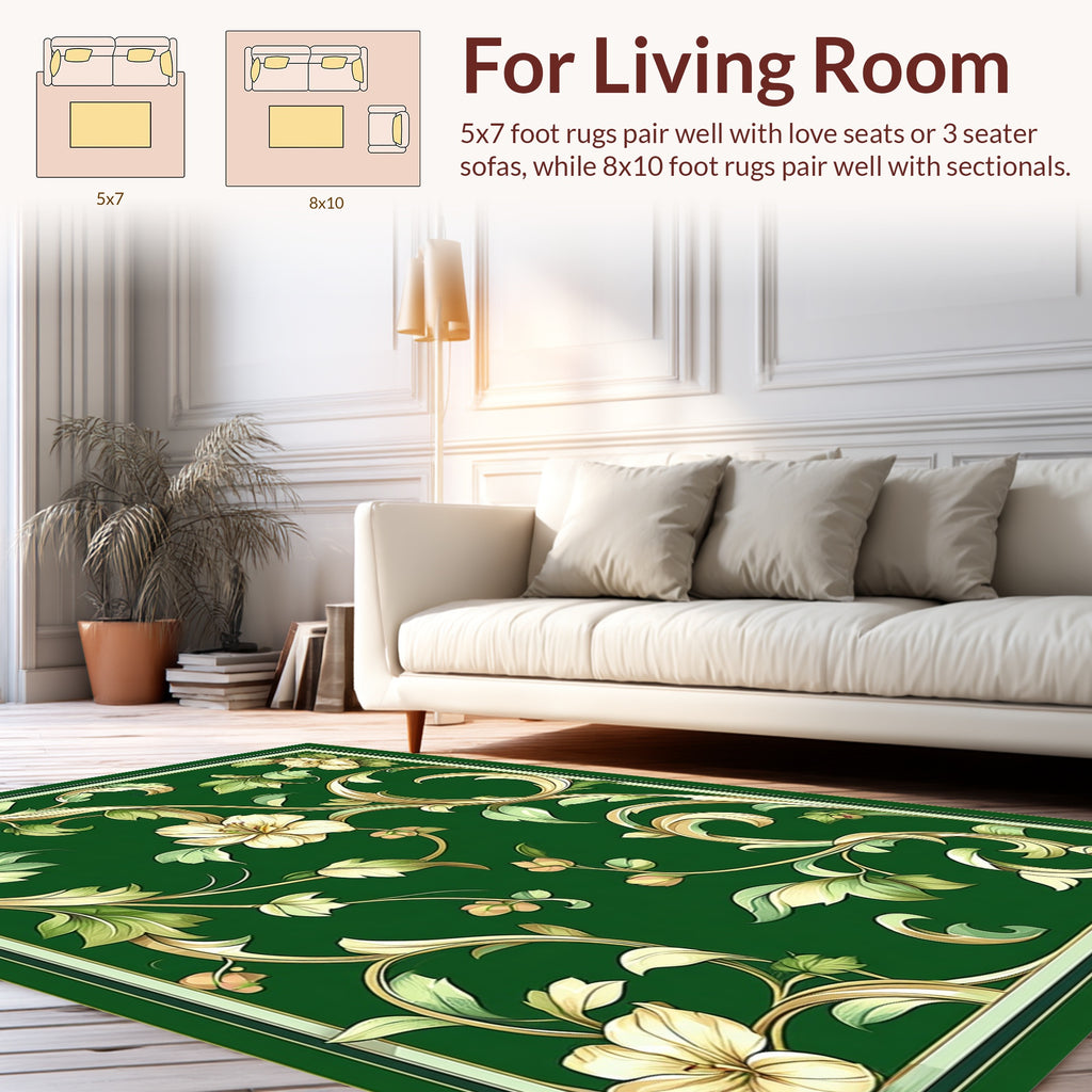 Ornate Floral Vines Emerald Green Design Rug