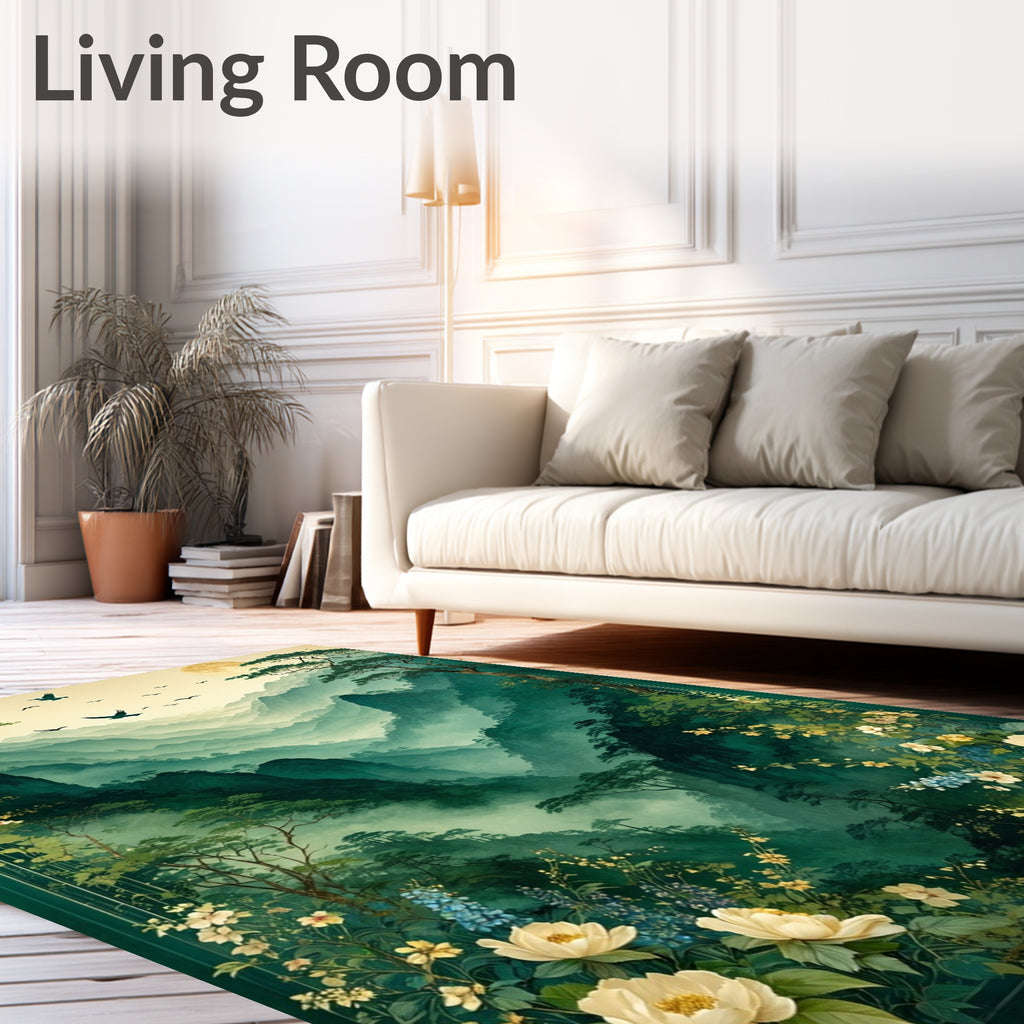 Misty Mountain Birds Floral Scene Rug