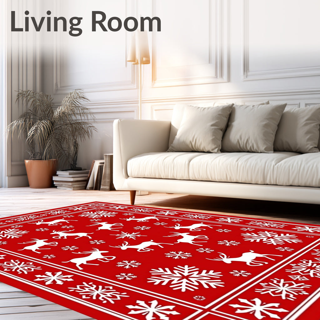 Red White Reindeer Snowflake Border Rug