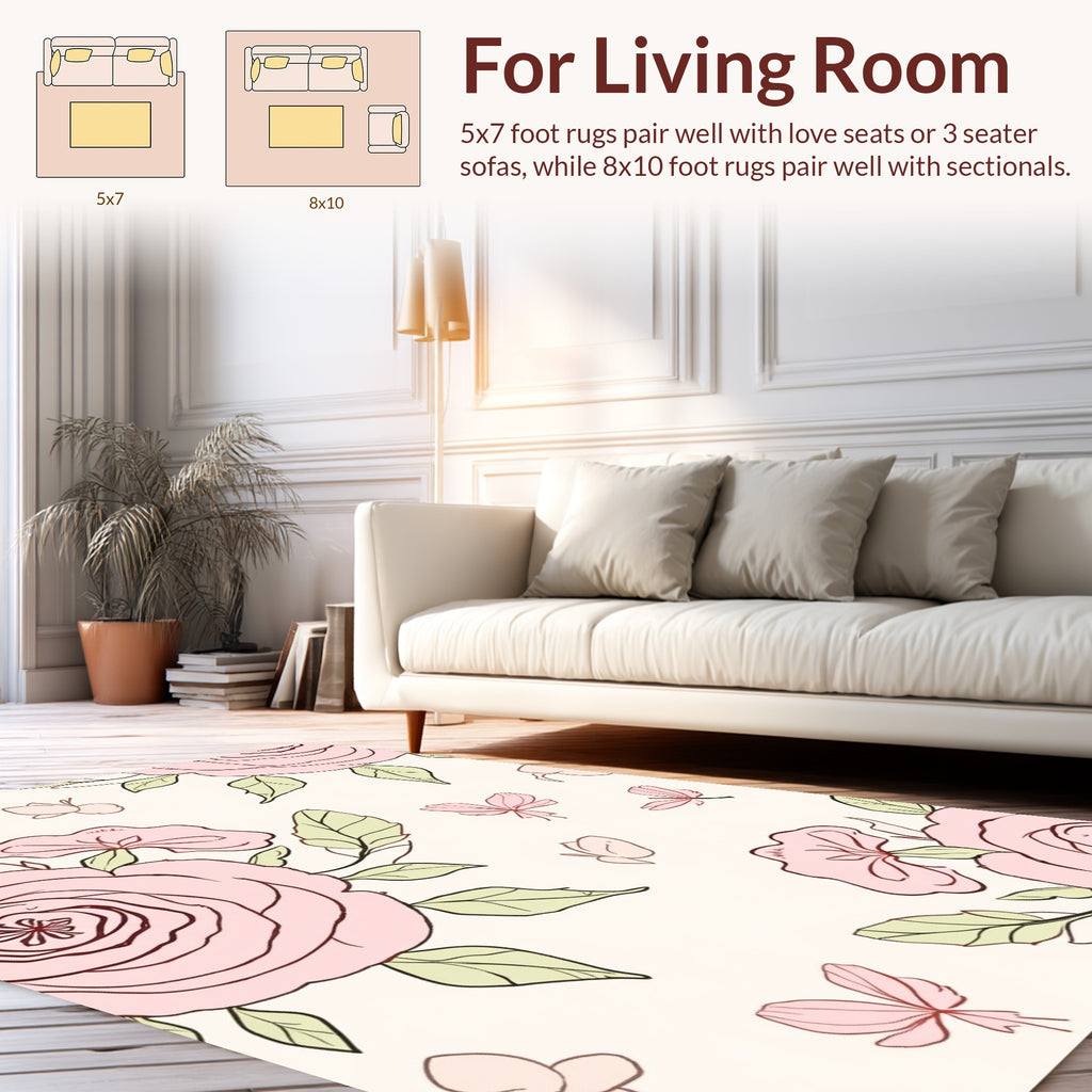 Pink Floral Butterflies Blossoms Print Rug