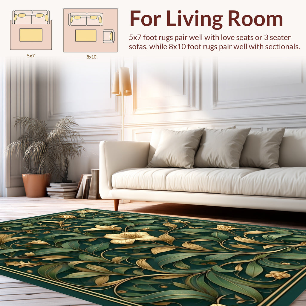 Rich Emerald Botanical Art Nouveau Rug