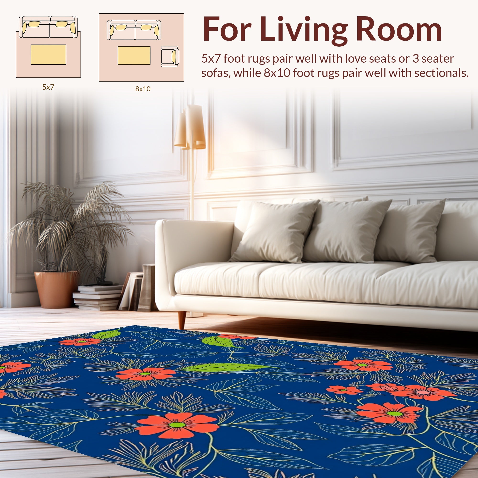 Coral Flower Green Leaf Pattern Rug