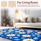 White Daisy Floral Blue Background Rug