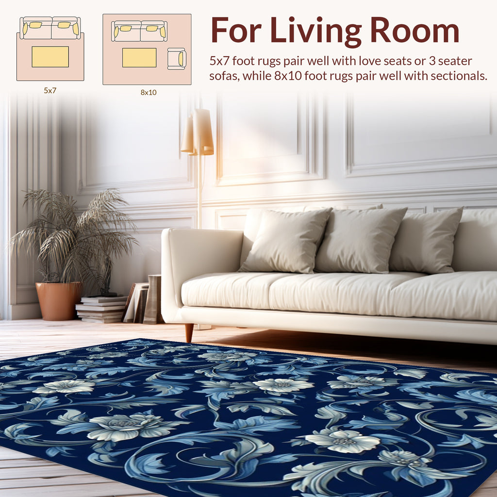 Classic Blue Floral Scroll Pattern Rug