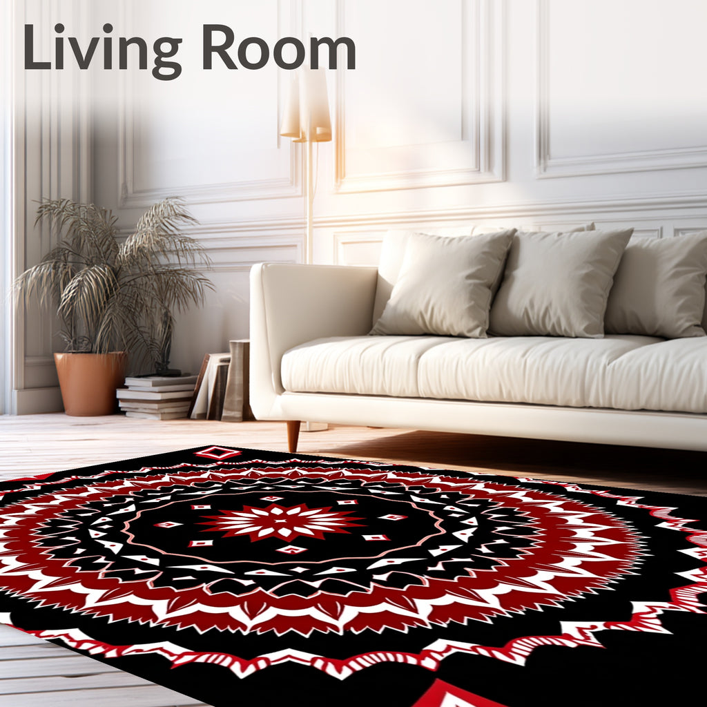 Crimson White Floral Mandala Black Rug