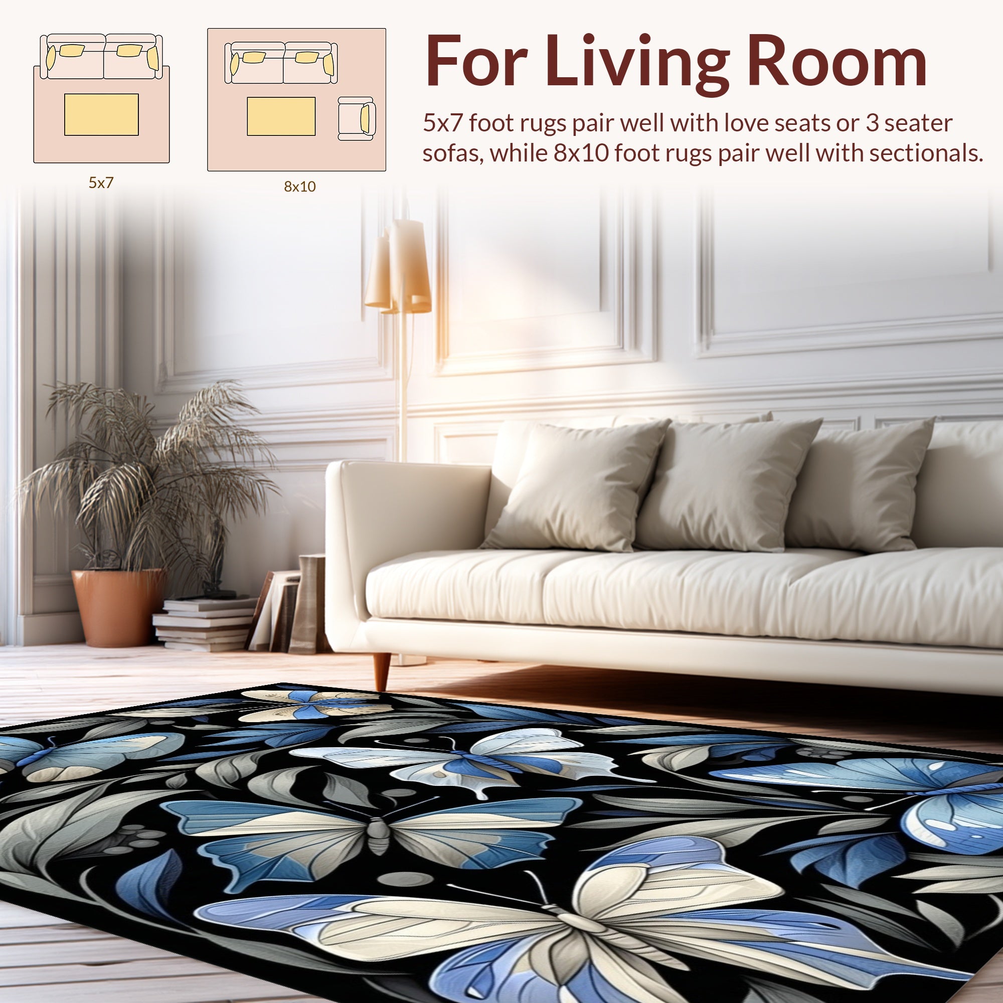 Whimsical Blue Butterfly Floral Pattern Rug