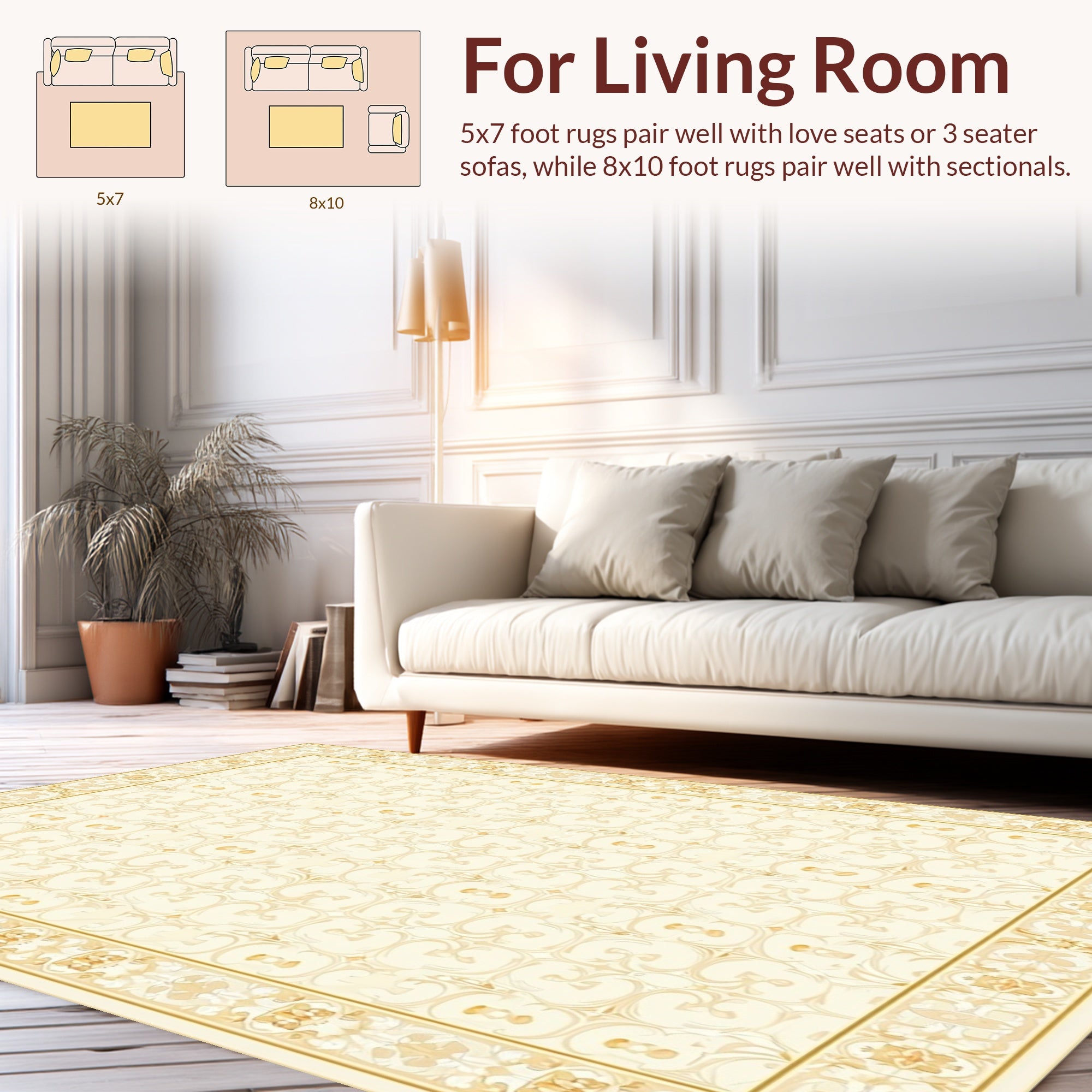 Elegant Cream Golden Scroll Pattern Rug