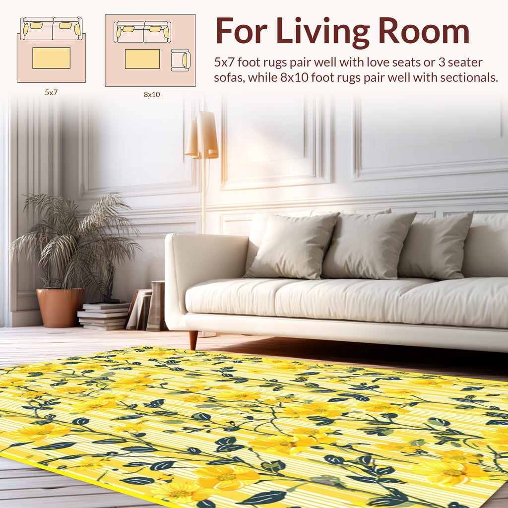 Yellow Floral Vines On Striped Background Rug