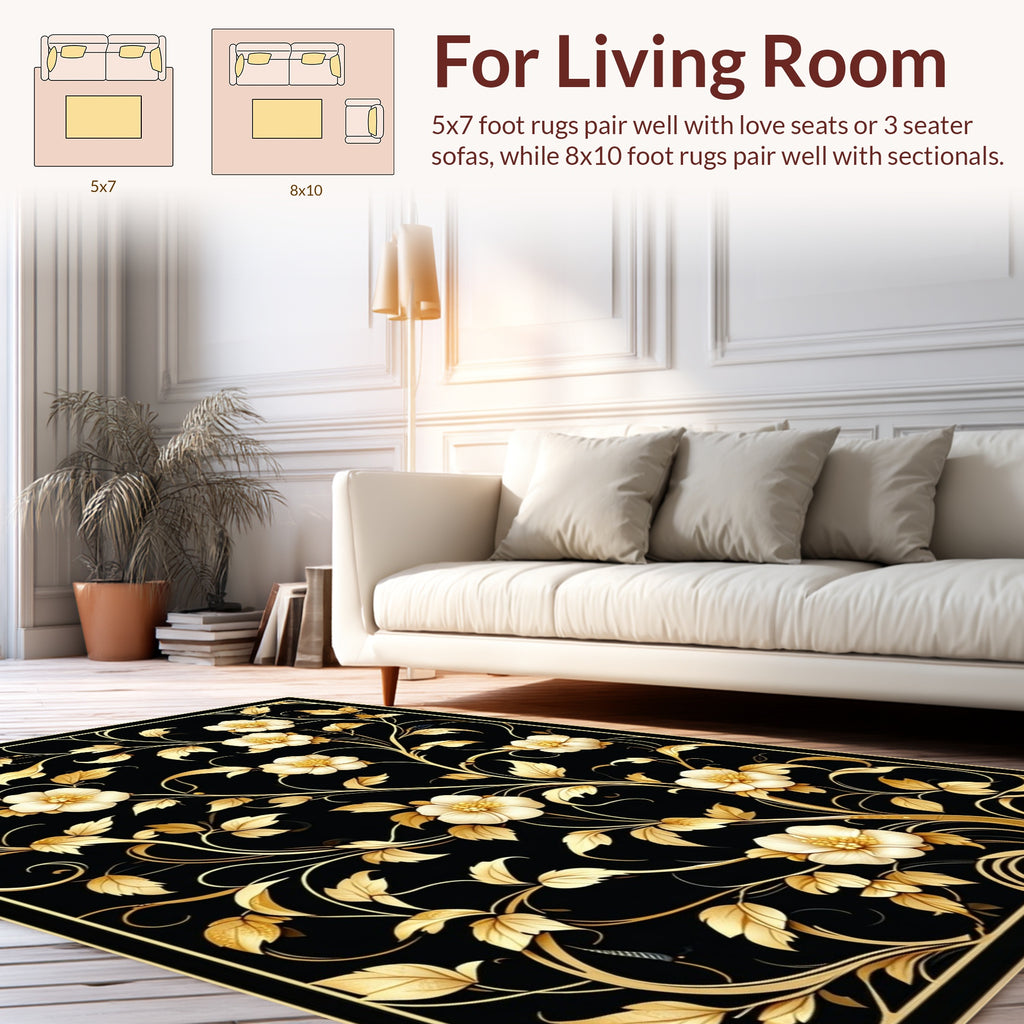 Elegant Gold Floral Nature Pattern Rug