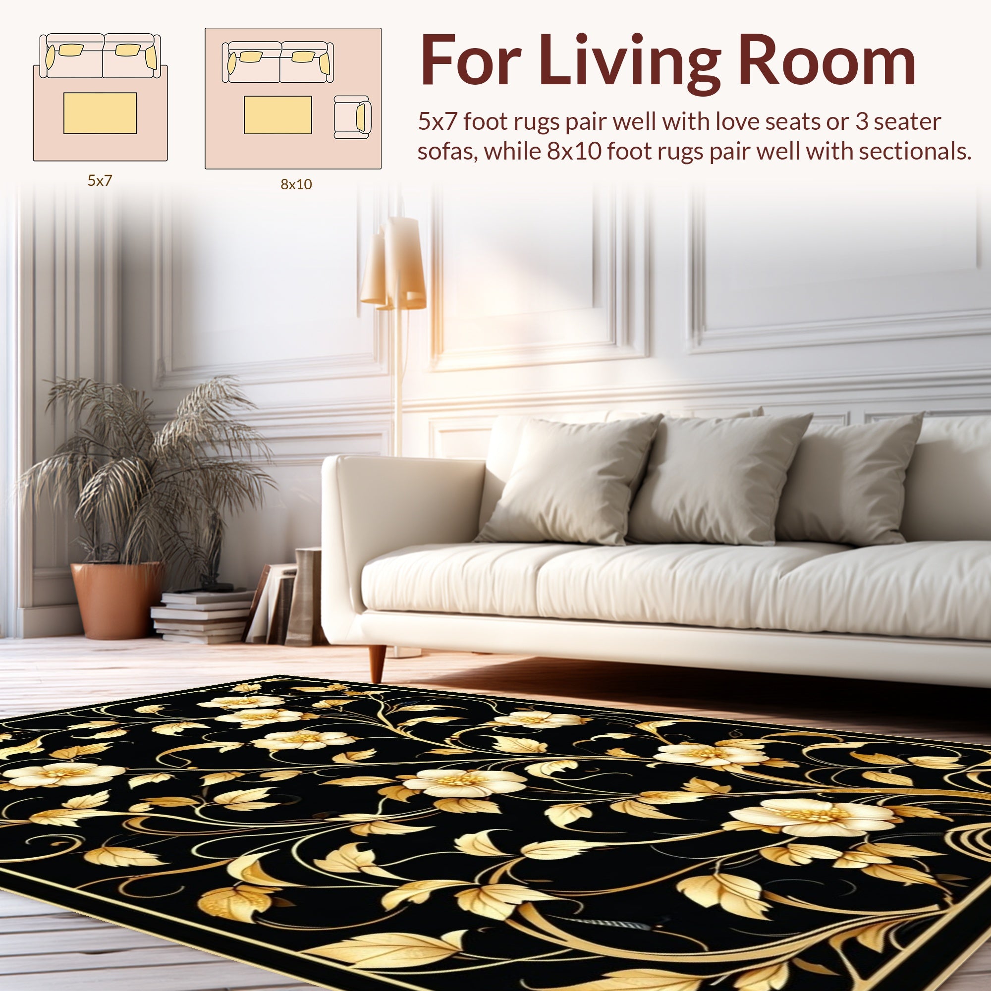 Elegant Gold Floral Nature Pattern Rug