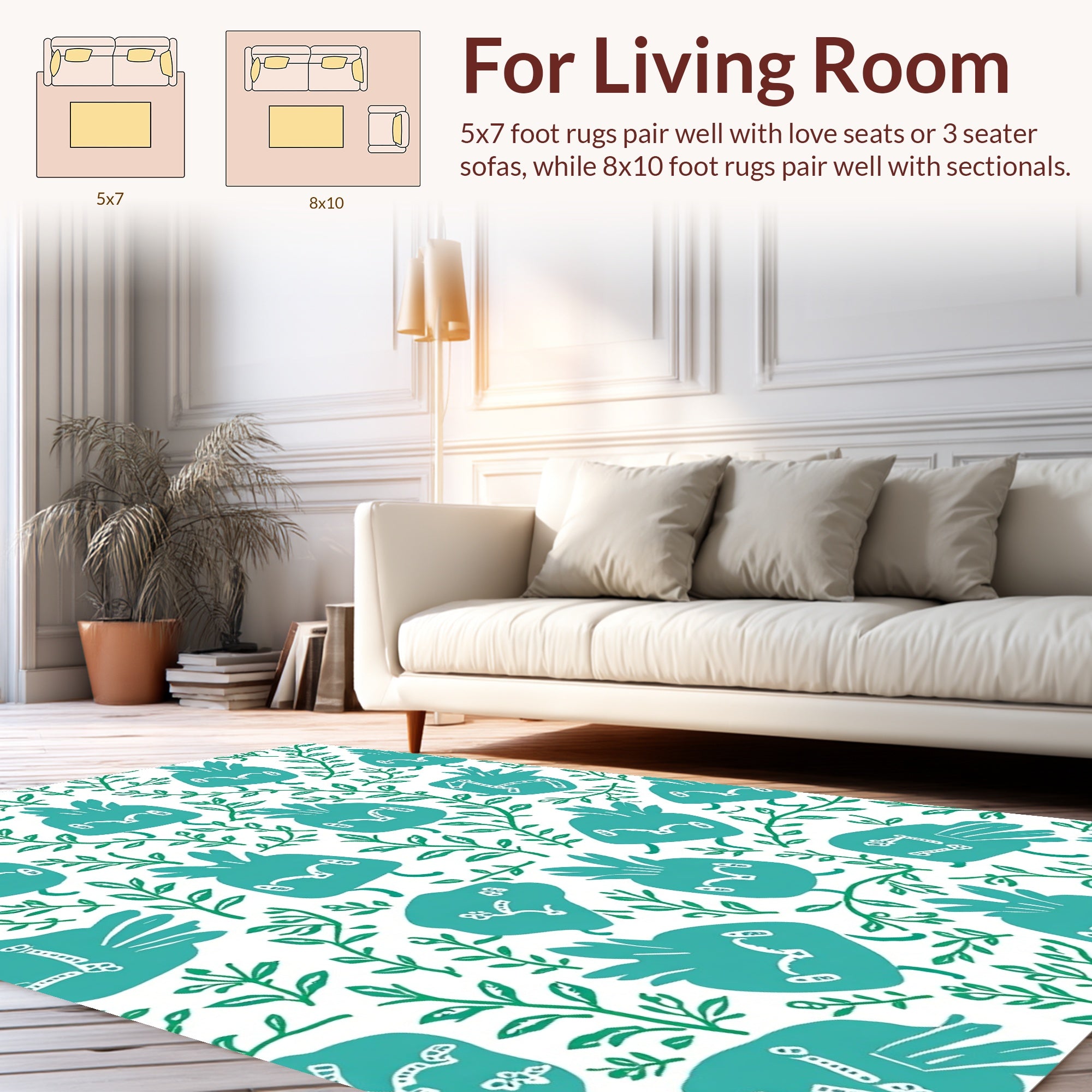 Whimsical Teal Bird Branch Pattern Rug