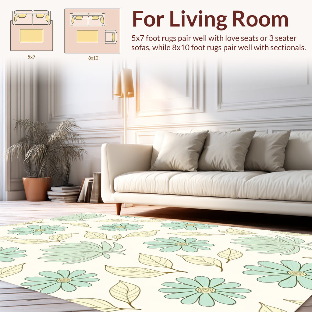 Delicate Teal Floral Botanical Pattern Rug