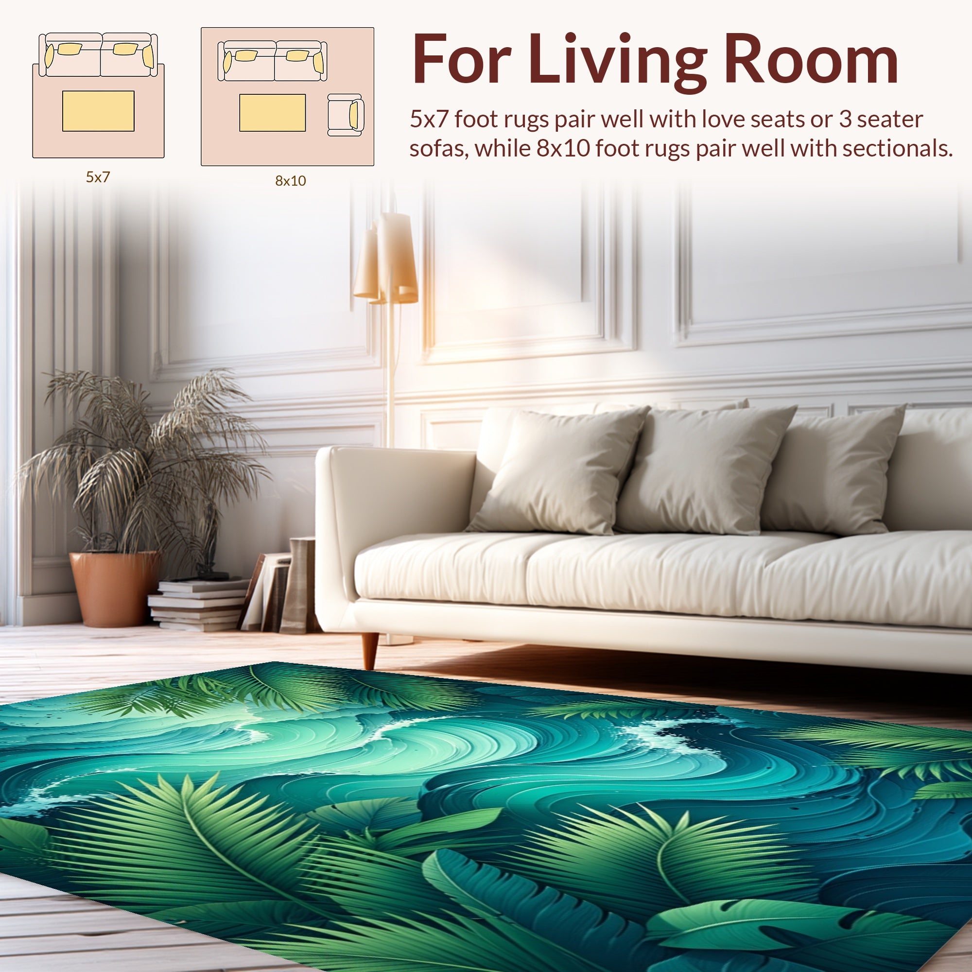 Ocean Wave With Tropical Leaves Rug