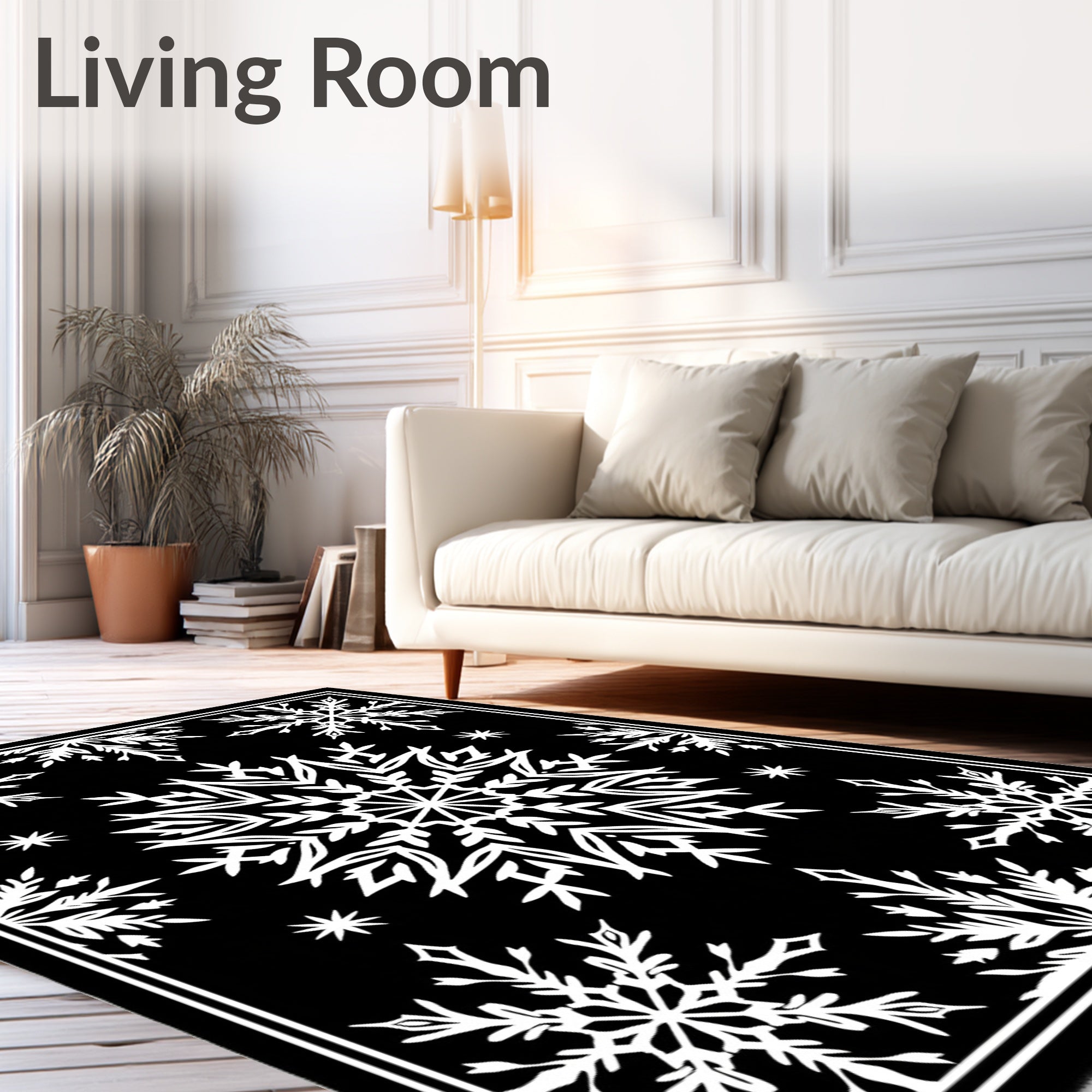 Black White Snowflake Winter Medallion Rug