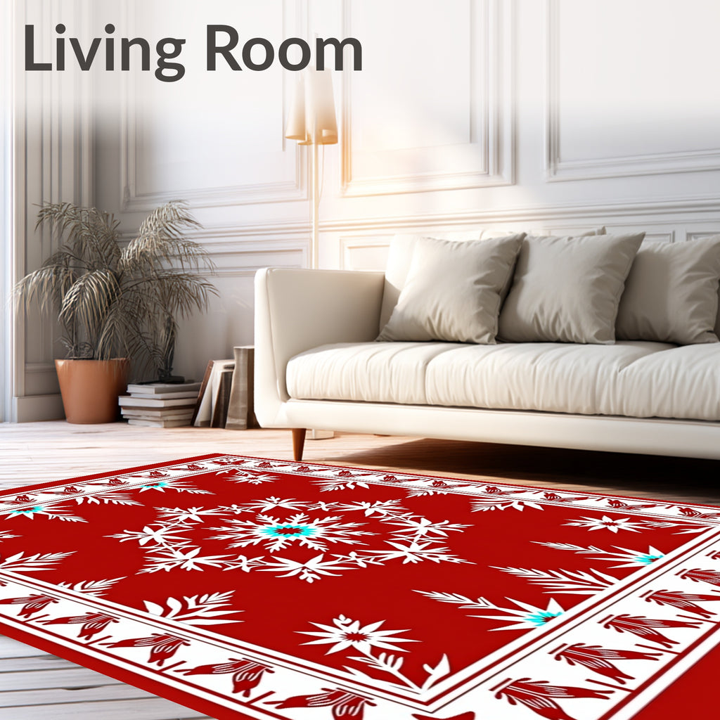 Striking Red White Starburst Motif Rug
