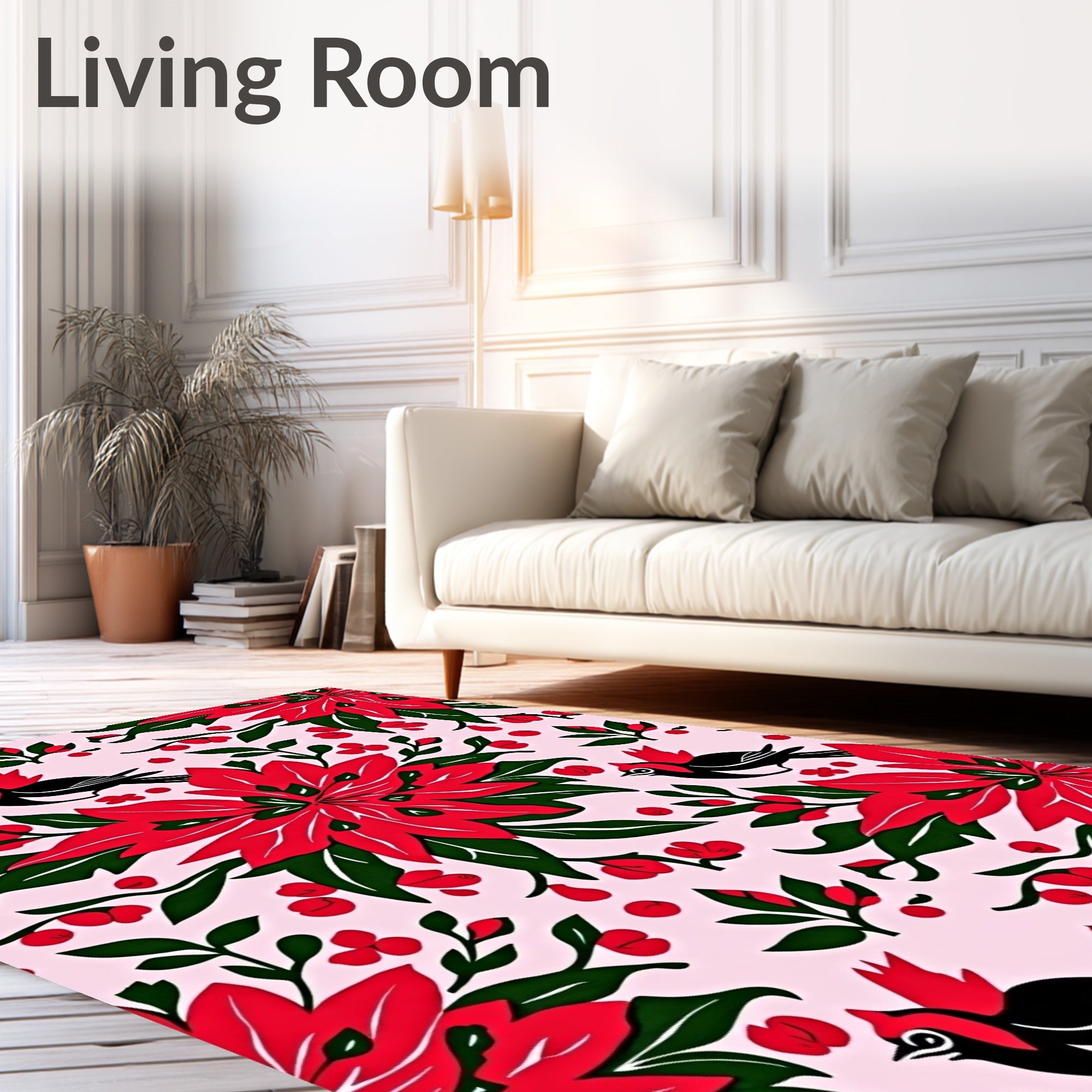 Red Poinsettia Birds and Berries Rug