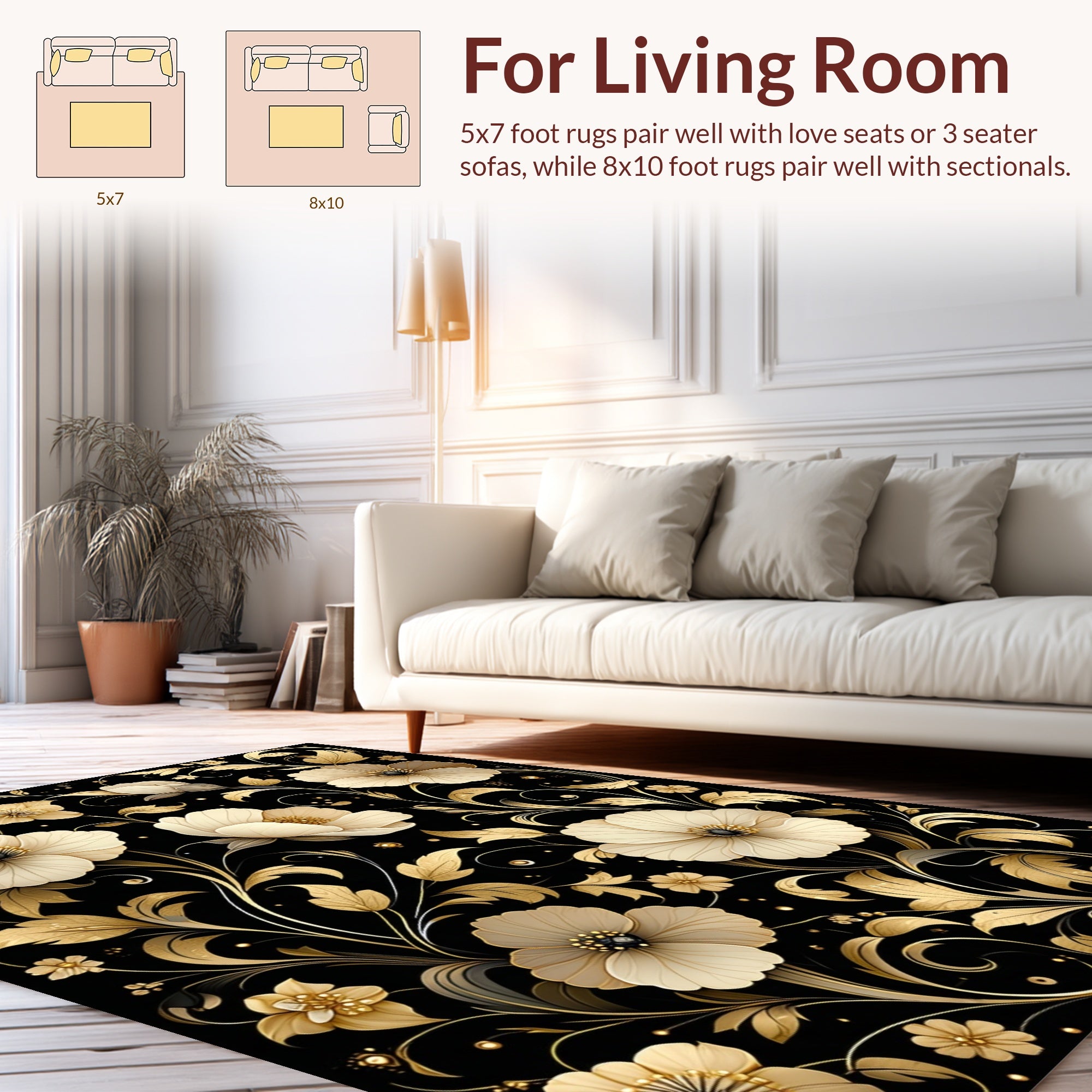 Elegant Gold Floral Pattern Rug