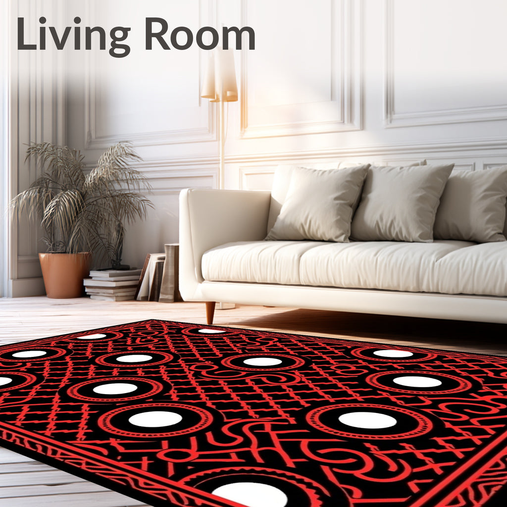 Bold Red Circles Tribal Grid Rug