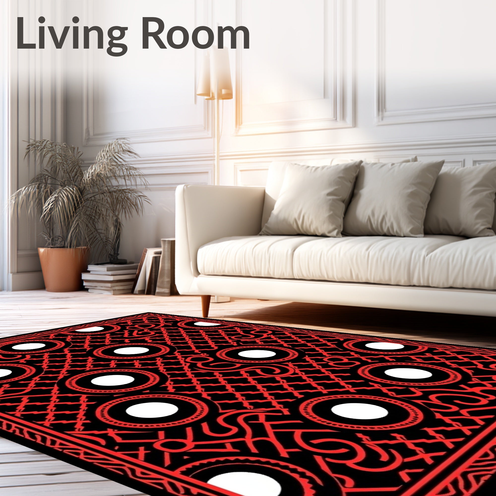 Bold Red Circles Tribal Grid Rug