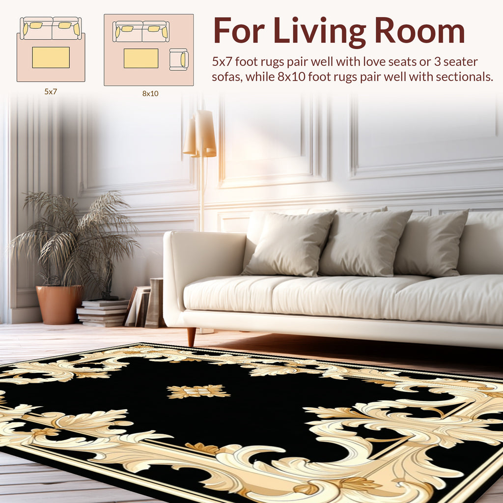Ornate Gold Swirl Baroque Design Rug
