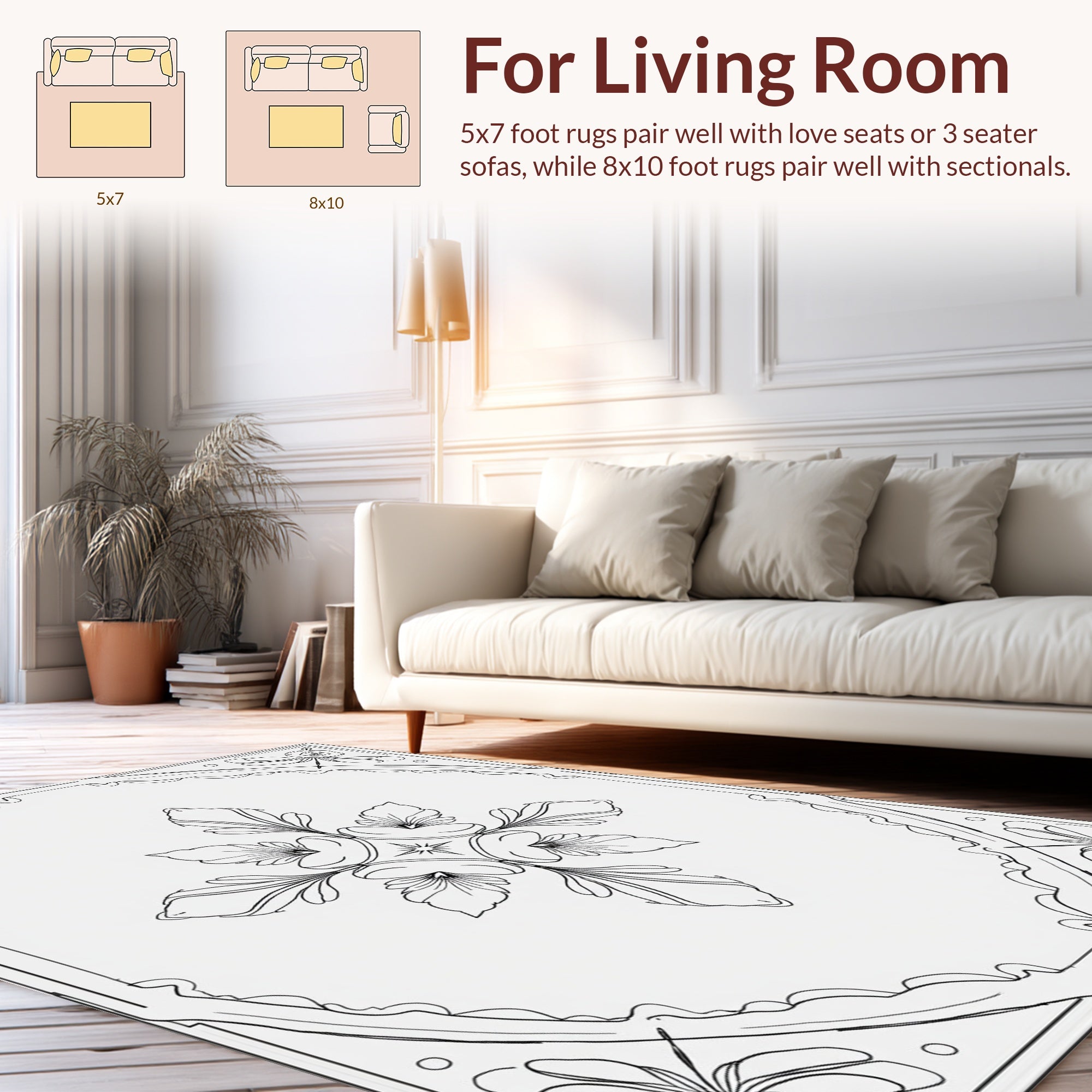 Ornate Floral Line Art Pattern Rug