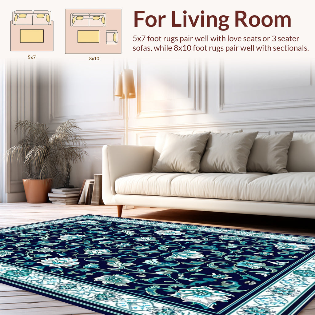 Intricate Floral Navy Teal Design Rug