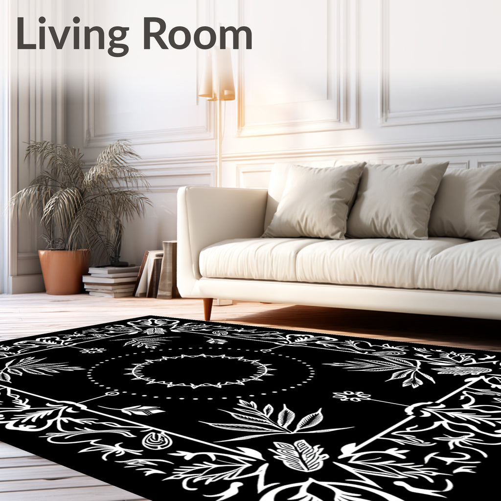 Black White Floral Mandala Border Rug