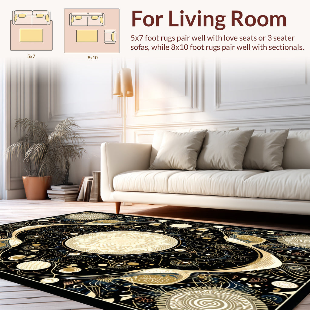 Intricate Golden Celestial Pattern Rug