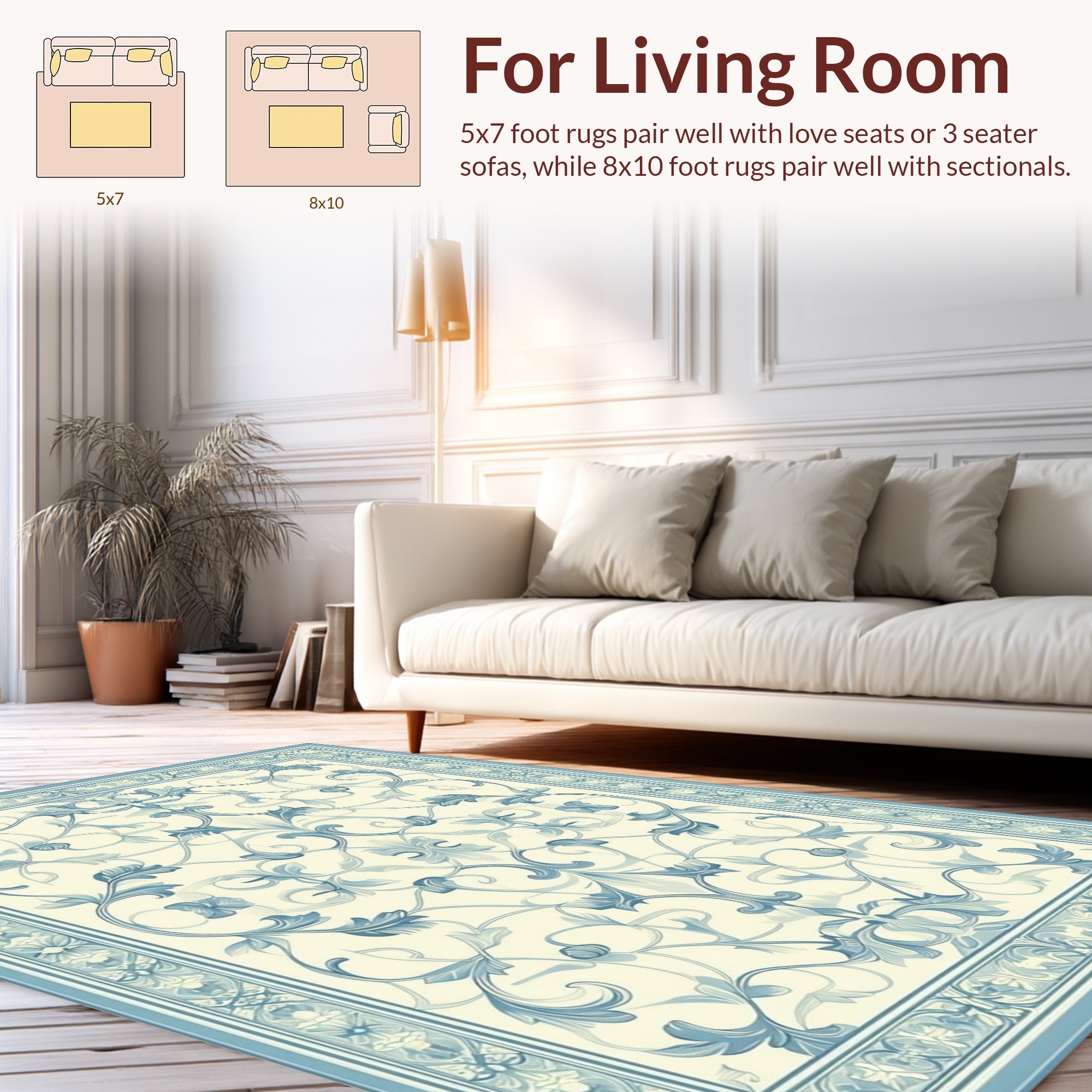 Elegant Blue Floral Swirl Pattern Rug