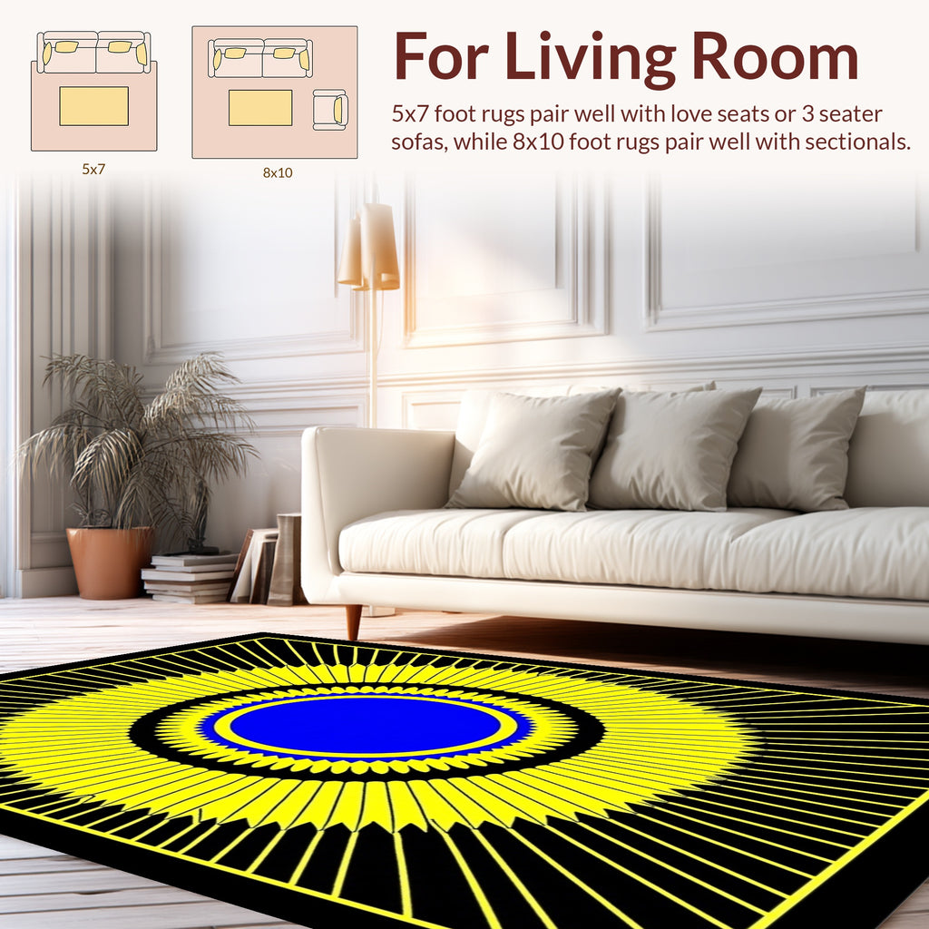 Bold Yellow Blue Sunburst Pattern Rug