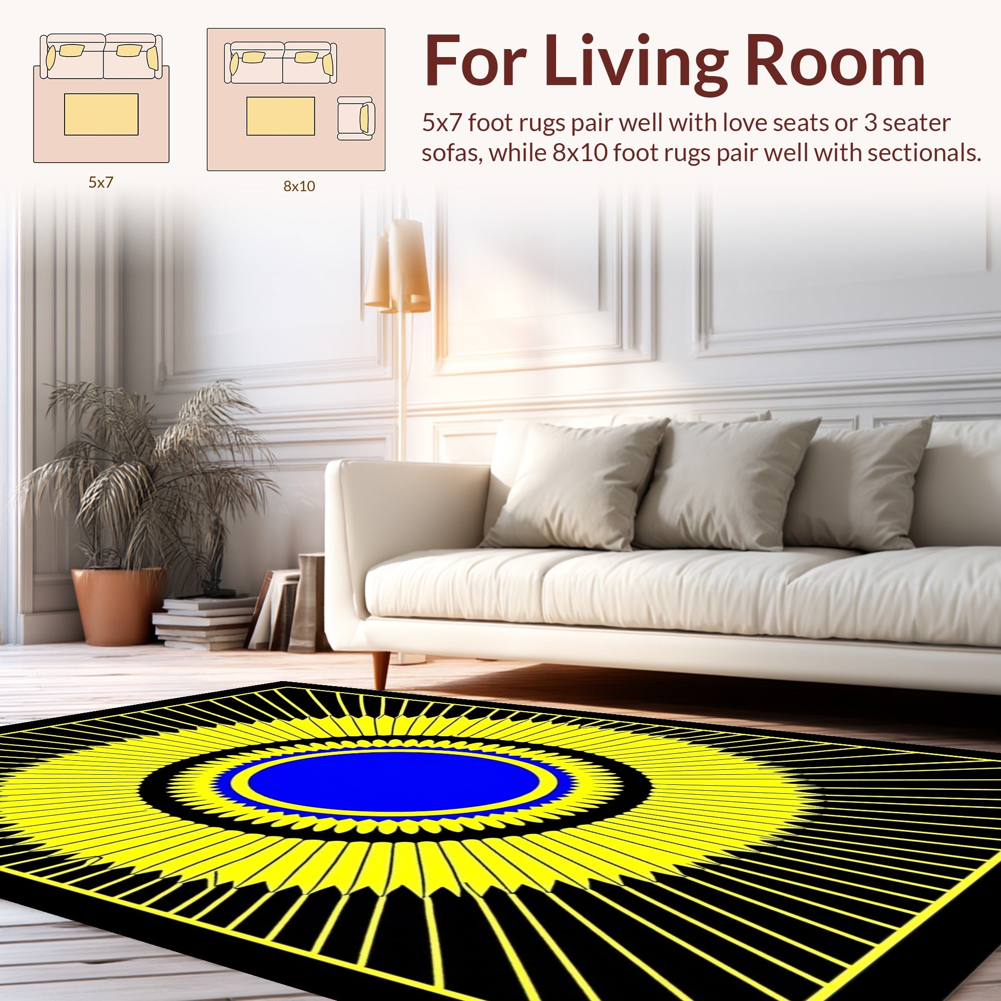 Bold Yellow Blue Sunburst Pattern Rug