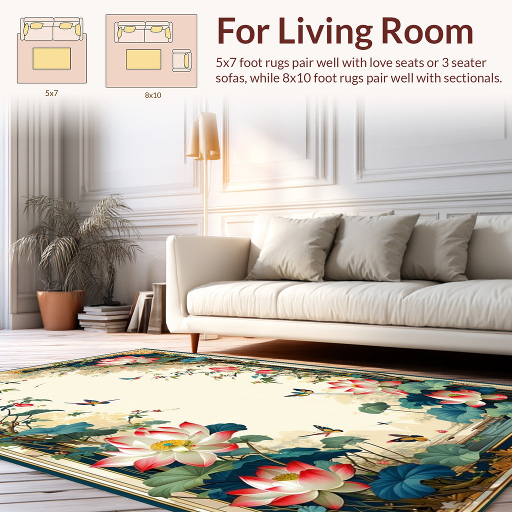 Oriental Lotus Butterflies Scenic Rug