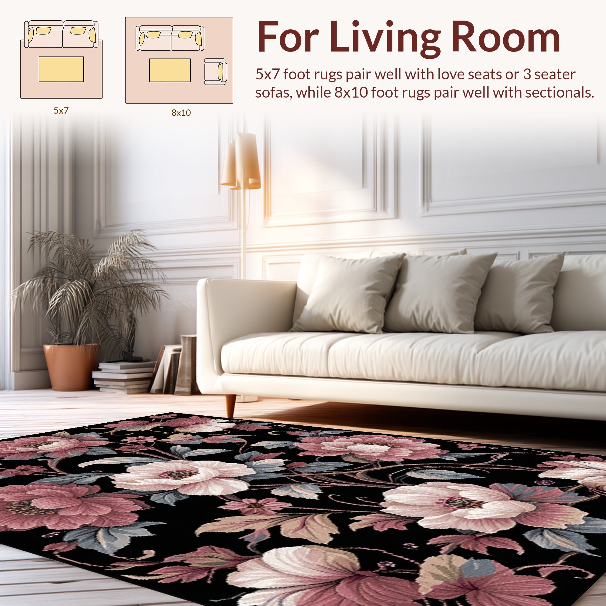 Vintage Floral Pattern Black Background Rug