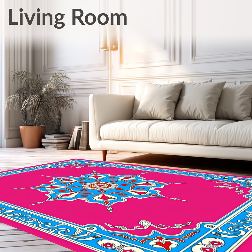 Vibrant Pink Blue Medallion Frame Art Rug